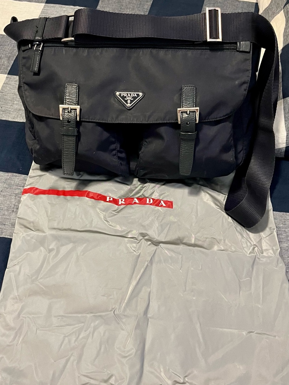 Prada Navy Nylon Messenger Bag with Silver Hardware, Leather Trim with Dust Bag - Picture 1 of 12
